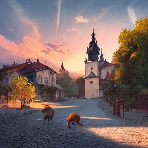Prompt: a beautiful hyper realistic photo of banska stiavnica in summer with old houses and trees in sunset, sky, one cat crossing road, unreal engine, by greg rutkowski and james gurney, artstation