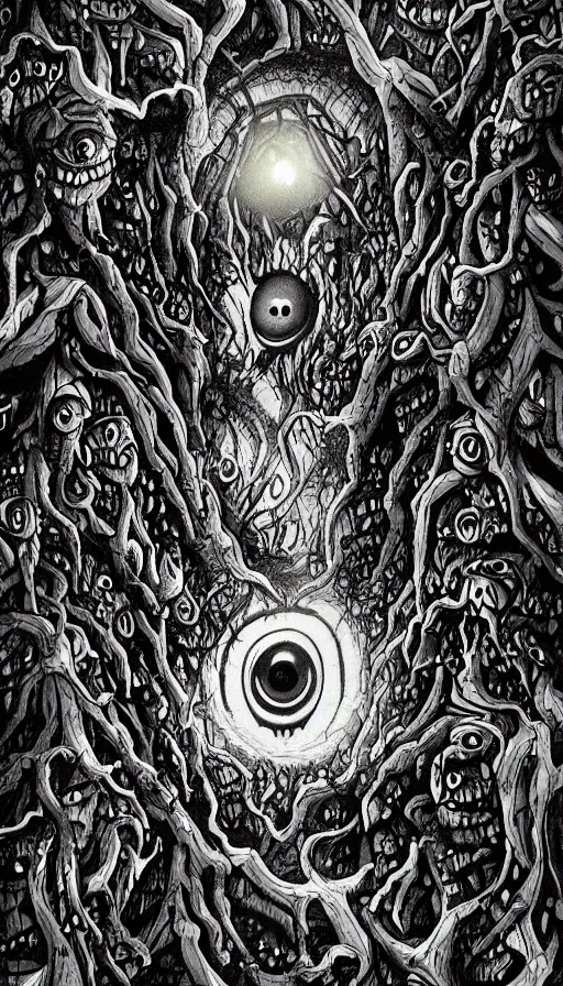 Image similar to a storm vortex made of many demonic eyes and teeth over a forest, by studio 4 c