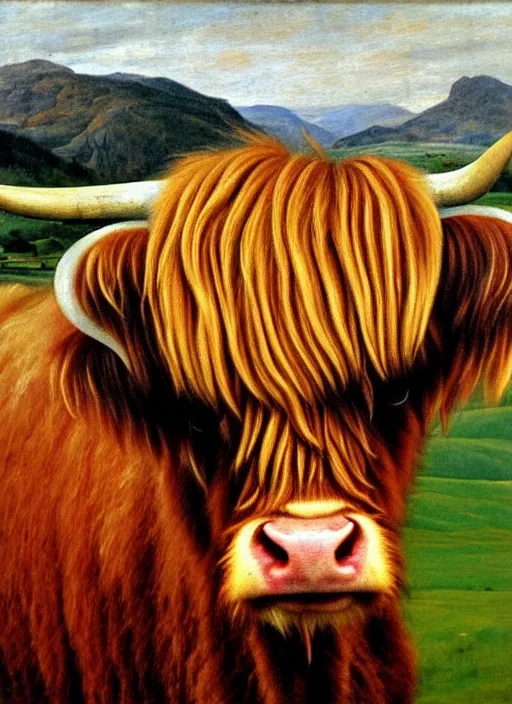 Image similar to oil portrait painting by hans holbein the elder of a highland cow.