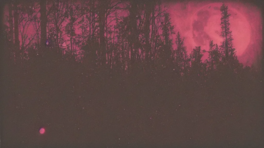 Image similar to (psychedelic) polaroid of a mystical night sky with a huge moon, A glimpse through a small gap in the foliage and overgrowth and the trees of the huge gibbous moon in a dark sky, wreathed in red smoke, starlight, night-time, dark enclosed, cozy, quiet forest night scene, spangled