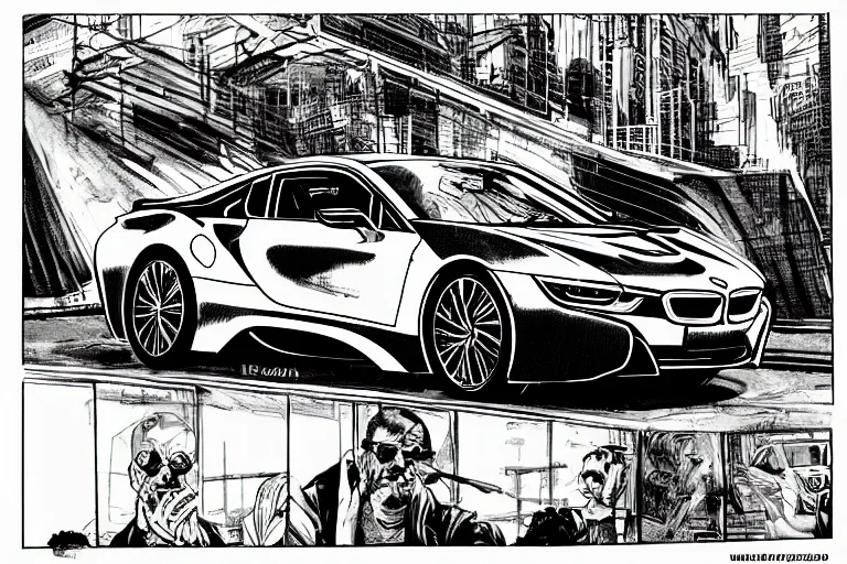 Image similar to bmw i 8, a page from cyberpunk 2 0 2 0, style of paolo parente, style of mike jackson, adam smasher, johnny silverhand, 1 9 9 0 s comic book style, white background, ink drawing, black and white