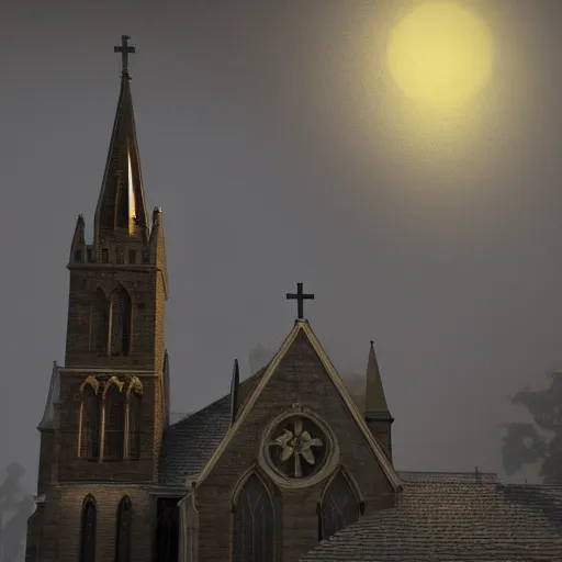 Image similar to victorian church in the middle of the city, dark, misty, at night, 8 k, detailed, concept art, trending on artstation