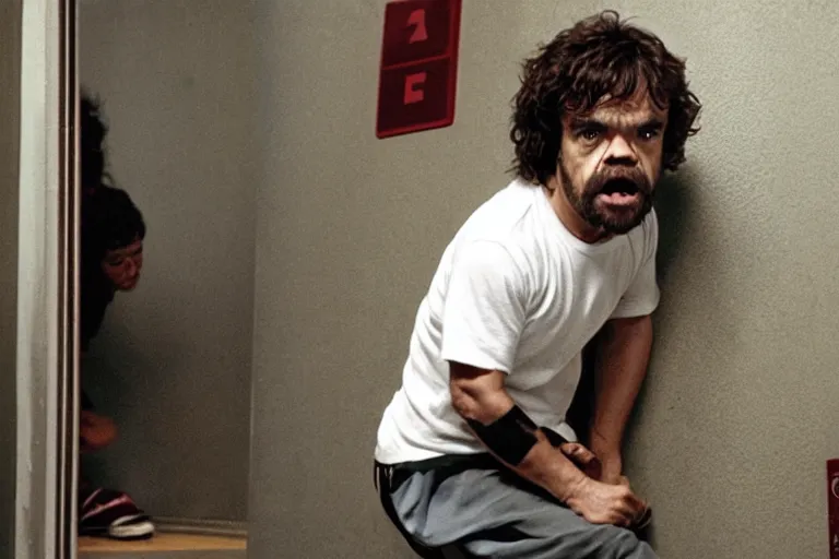 Prompt: peter dinklage climbing out of a toilet, movie still, from the new sleepaway camp movie, 8 k, realistic