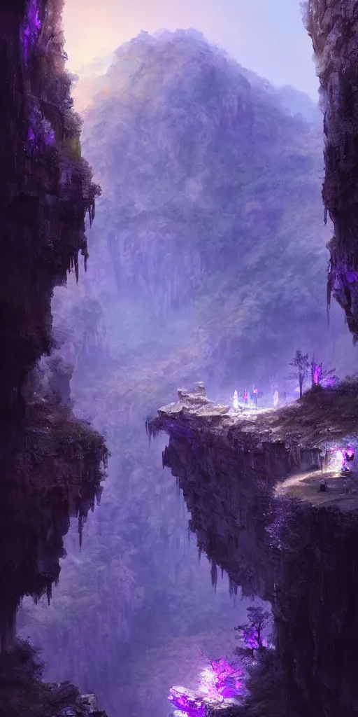 Image similar to Gorge in the mountain, white stone temple ruins, night dramatic lighting, blue and purple tones, wide camera angle, matte painting, trending on ArtStation, concept art, delightful surroundings, high detail, sharp contrast, picturesque