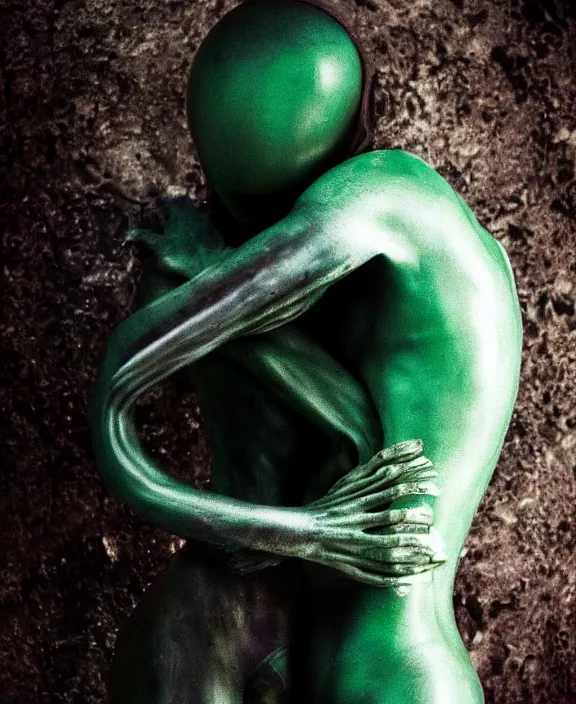 Image similar to xenomorph hugging pale sad beauty, dark emerald mist colors, giger background liminal void, cinematic lighting, realistic, award winning photograph, various refining methods, micro macro autofocus