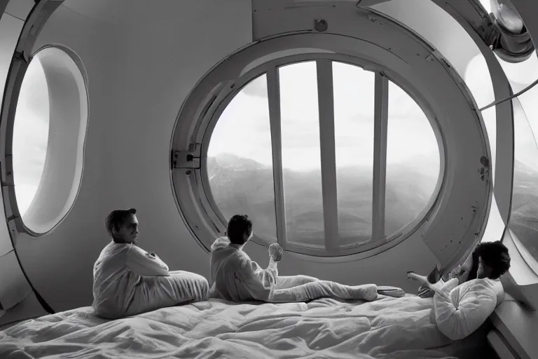 Image similar to sci-fi scene of space tourists in glamourous spaceship bedroom looking out large circular window at earth orbit By Emmanuel Lubezki