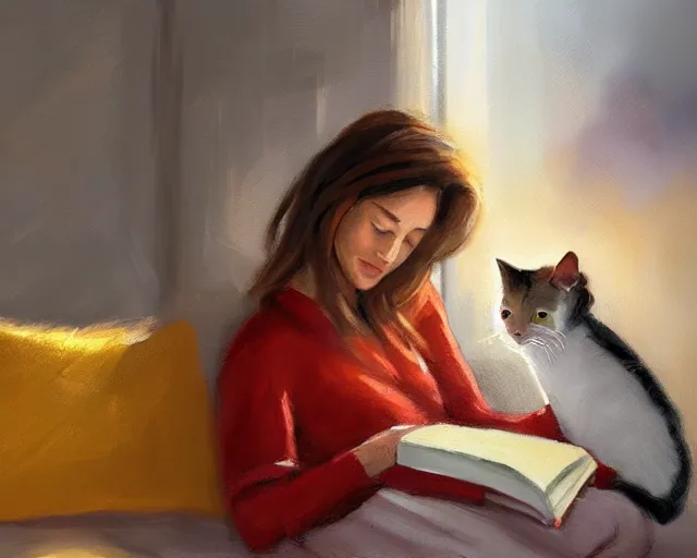 Prompt: a beautiful warm fuzzy painting of a woman curled up with a blanket reading a good book next to her friendly cat who is purring with eyes closed. they are both sitting next to a window as the sun sets in winter, by eric wallis, trending on artstation, concept art, lofi, digital illustration