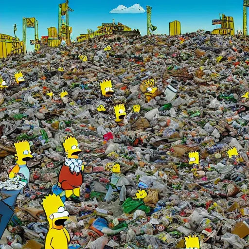 Prompt: landfill full of Simpsons merchandise, photo, detailed, 4k