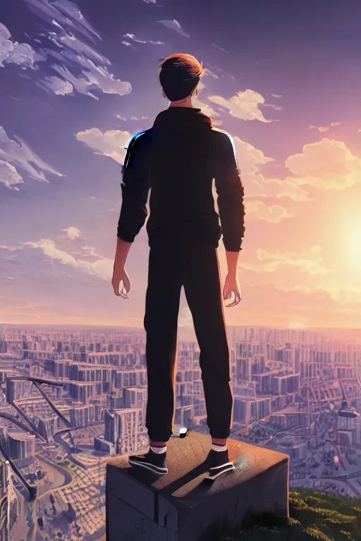 Image similar to Man in black adidas tracksuit looking atop of a urban plateau filled with soviet apartment buildings, golden hour, dreamy, beautiful clouds, ultra detailed, beautiful lighting, windy, 8k, wallpaper, cityscape, beautiful artwork by Makoto Shinkai