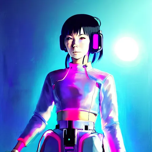 Image similar to a beautiful! bjork model, wearing futuristic cyber leather with articulate! glowing colored led lights, jrpg aztec street fashion, gapmoe yandere grimdark, trending on pixiv fanbox, painted by greg rutkowski makoto shinkai takashi takeuchi studio ghibli, akihiko yoshida