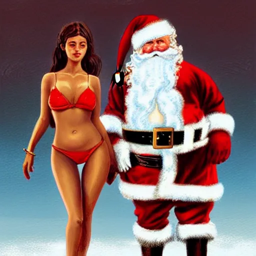 Image similar to santa claus next to his beautiful helper who is wearing a bikini, highly detailed, digital painting, illustration, in the style of greg rutkowski