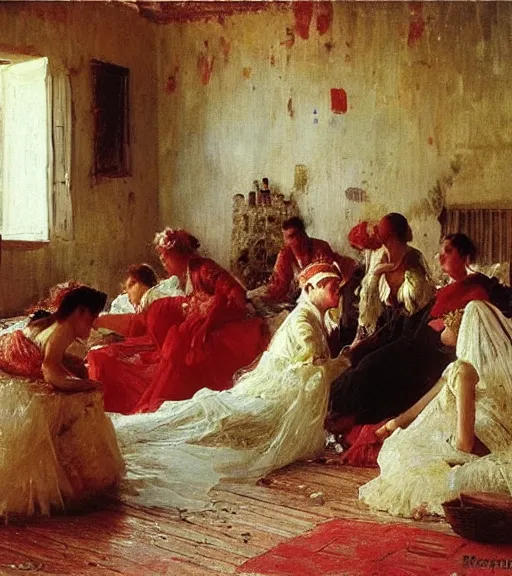 Image similar to high quality high detail painting by ilya repin, brides in a blood flooded house, hd