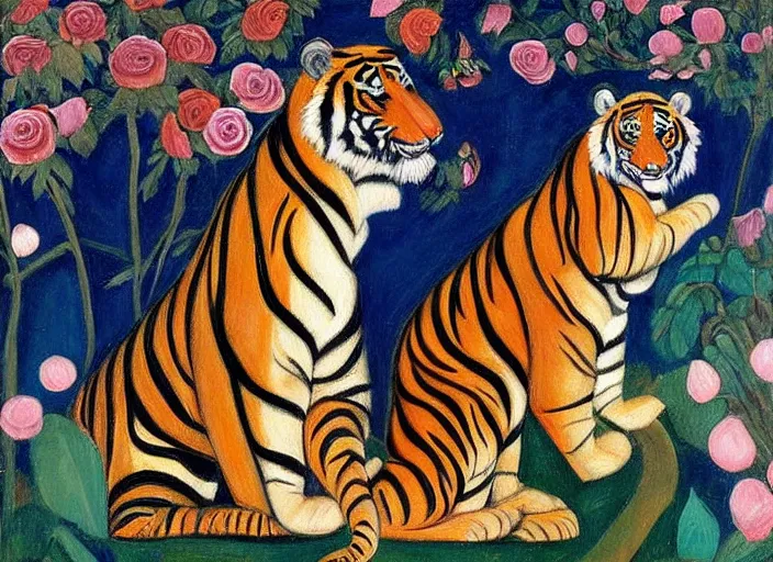 Image similar to An surreal oil painting of a two tigers next to an ancient temple, background of roses, by William Zorach, symbolist, small bumble bees, soft colors, dramatic lighting, smooth, sharp focus, extremely detailed, aesthetically pleasing composition