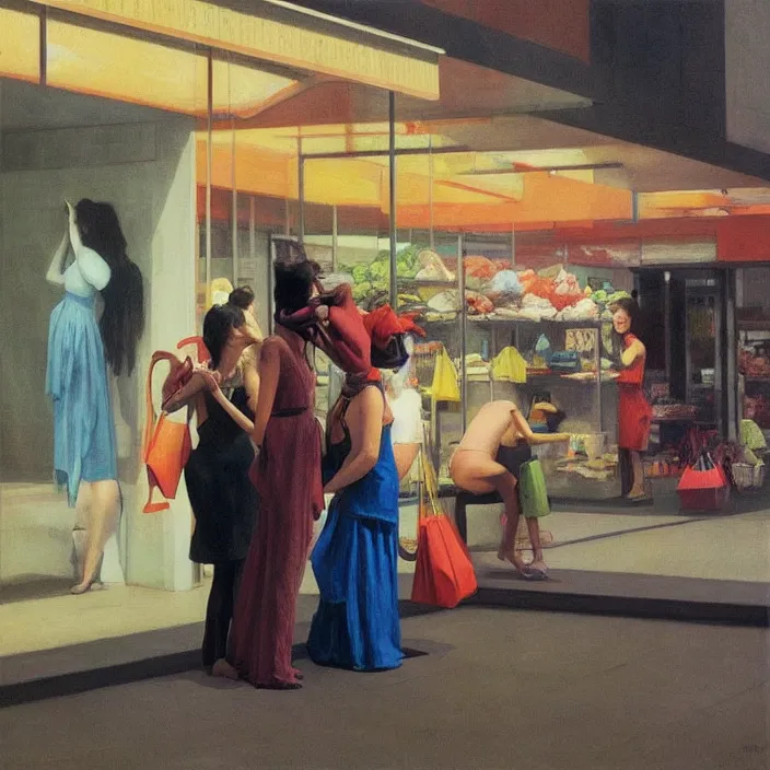 Prompt: colorful women kissing with a paper bag over the head, dressed in plastic bags, inside shopping center, highly detailed, artstation, art by , edward hopper, zdislav beksinski, wayne barlowe