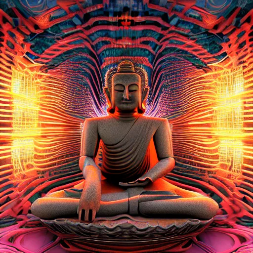 Prompt: robotic lifeform buddha meditating in front of a beautiful fractal neural network :: Unreal Engine 3d render