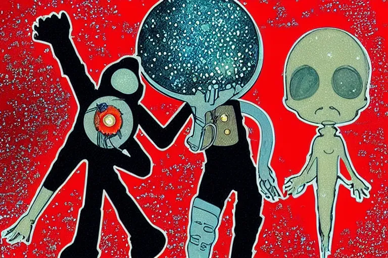 Image similar to the last astronaut red and black suit, holding a small alien corpse with only one hand, walking in post-apocalyptic Neptune Hills, style hybrid mix of Jirí Petr+Romi Lerda+ Sandra Pelser,Yves Tanguy+ Alphonse Mucha+ Ernst Haeckel+ Edward Robert Hughes+Stanisław Szukalski , moody colors,diamond dust glitter and sparkles, holographic krypton ion,red eyes,octane render,4k, ighly detailed, hyperrealism, excellent composition, cinematic concept art, dramatic lighting, trending on ArtStation