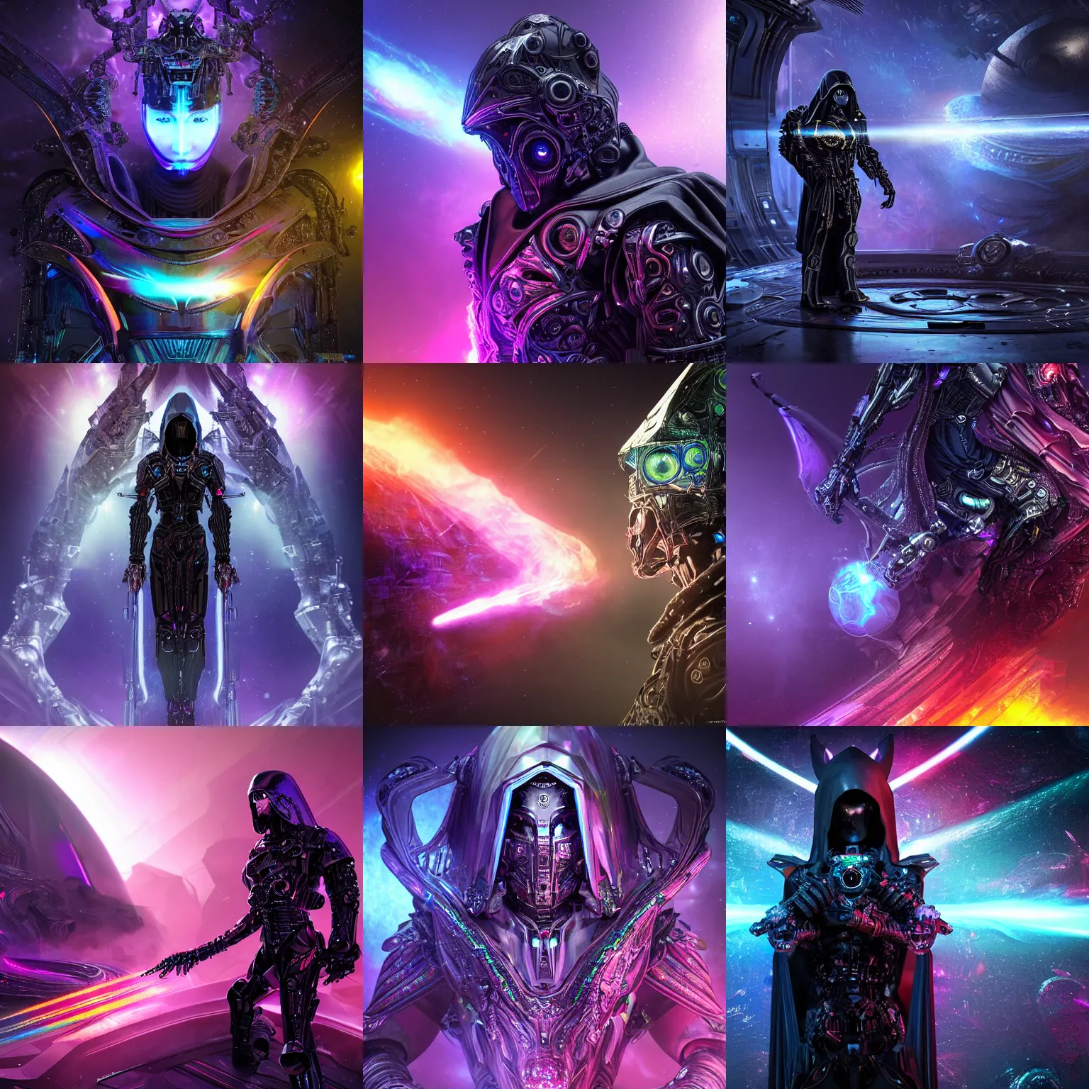 Prompt: Epic dark gritty space scene featuring the iridescent cloaked hooded warrior partially cybernetic entity god of future technology wielding cosmic weaponry, intricate, ornate, gothic, colorful, vibrant, smooth, moody, ominous and intense, crystallic, iridescent, lasers, gems, precious elements, detailed, concept art, render, unreal engine, 4K, artstation