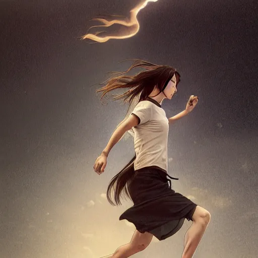 Image similar to a girl is running, sport clothing, sport anime, long hair, hair down, symmetrical facial features, from arknights, hyper realistic, highly detailed, rule of thirds, extreme detail, detailed drawing, trending artstation, realistic lighting, sport magazine, by alphonse mucha, greg rutkowski, sharp focus, backlit, real faces, realistic anatomy