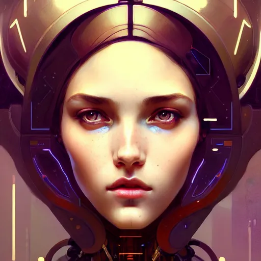 Prompt: portrait of beautiful girl with robot body by artgerm and greg rutkowski and alphonse mucha, close up, portrait, cinematic, elegant, artstation, intricate, highly detailed, digital painting, artstation, concept art, sharp focus, illustration, cyberpunk, cgsociety, 8 k