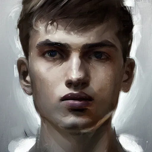 Prompt: Portrait of a man by Greg Rutkowski, he is about 20 years old, west slav features, short blonde hair with bangs, attractive, smart looking, slim, somewhat androgenic, he is wearing a white and black utilitarian jumpsuit, highly detailed portrait, scifi, digital painting, artstation, concept art, smooth, sharp foccus ilustration, Artstation HQ