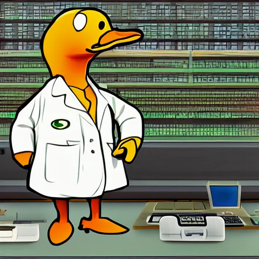 Prompt: a duck wearing a labcoat, computers in the background, digital art