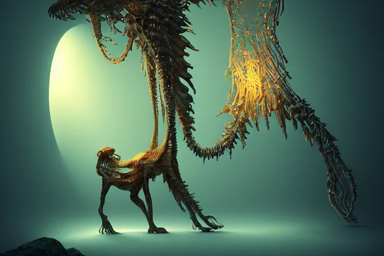 Image similar to creature in a alaska, backlit, warm tones, bioluminescent bioluminescent translucent translucent : : by michal karcz, daniel merriam, victo ngai and guillermo del toro : : ornate, dynamic, particulate, intricate, elegant, highly detailed, centered, artstation, smooth, sharp focus, octane render, 3 d