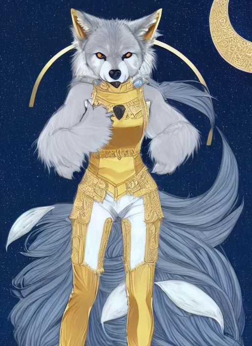 Image similar to commissioned full body portrait of a female anthro wolf princess fursona with a wolf head and white hair wearing a blue and gold Japanese armored dress in a white and gold palace on a starry night with a large crescent moon, by a professional manga illustrator, by Kilian Eng, by Sandra Chevrier, trending on artstation