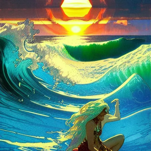 Image similar to ocean wave crashing around giant psychedelic mushroom, lsd water, dmt waves, backlit, sunset, refracted lighting, art by collier, albert aublet, krenz cushart, artem demura, alphonse mucha