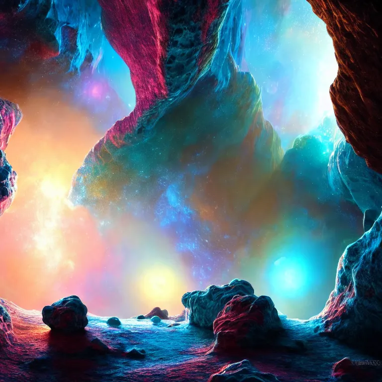 Prompt: dream-like cave surface covered with glossy shiny iredescent crystals on exoplanet, galaxy nebula, beautiful vibrant colors, baroque painting, beautiful detailed intricate insanely detailed octane render trending on Artstation, 8K artistic photography, photorealistic, dramatic volumetric cinematic light, chiaroscuro, Caravaggio, Greg Rutkowski, Thomas Kinkade