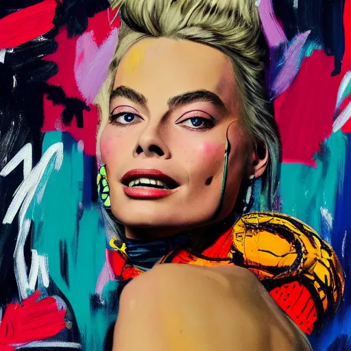 Prompt: colorful sketch, ultra detailed, fashion, magic, beautiful woman, similar to margot robbie flies into space, snake, surreal, in style of jean - michel basquiat, trending on artstation