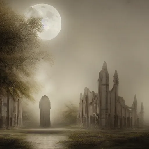 Image similar to Step out the front door like a ghost into the fog, Where no one notices the contrast of white on white, And in between the moon and you, The angels get a better view Of the crumbling difference between wrong and right, highly detailed matte painting