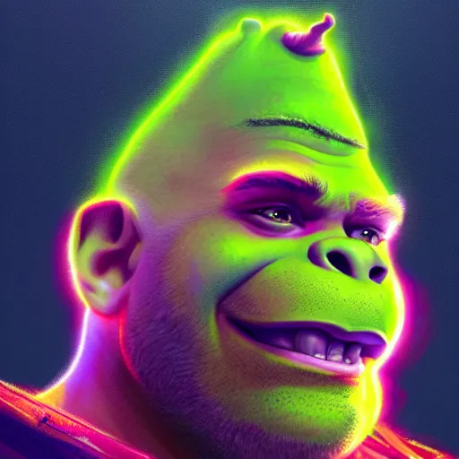 Image similar to neon portrait of shrek, highly detailed, digital painting, artstation, concept art, sharp focus, illustration, art by greg rutkowski and alphonse mucha