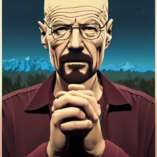 Prompt: Walter White poster artwork by Michael Whelan and Tomer Hanuka, Karol Bak, Rendering of Checkmate, from scene from Twin Peaks, clean, full of details, by Makoto Shinkai and thomas kinkade, Matte painting, trending on artstation and unreal engine