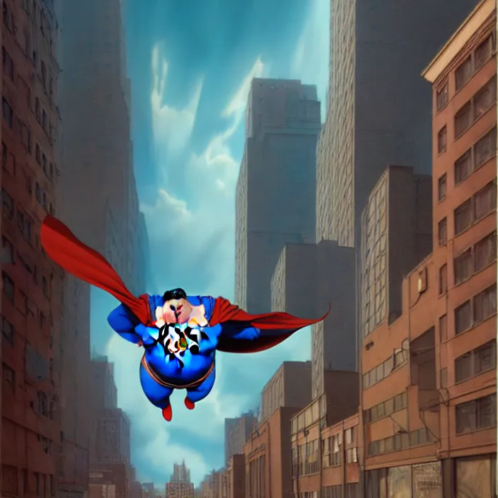 Prompt: hyperrealistic mixed media portrait of a a mordidly obese superman floating through the air over an empty city street at midnight, despair, depressing and hopeless vibe, stunning 3d render inspired art by P. Craig Russell and Barry Windsor-Smith + perfect facial symmetry + dim volumetric lighting, 8k octane beautifully detailed render, post-processing, extremely hyperdetailed, epic composition, grim yet sparkling atmosphere, cinematic lighting + masterpiece, trending on artstation