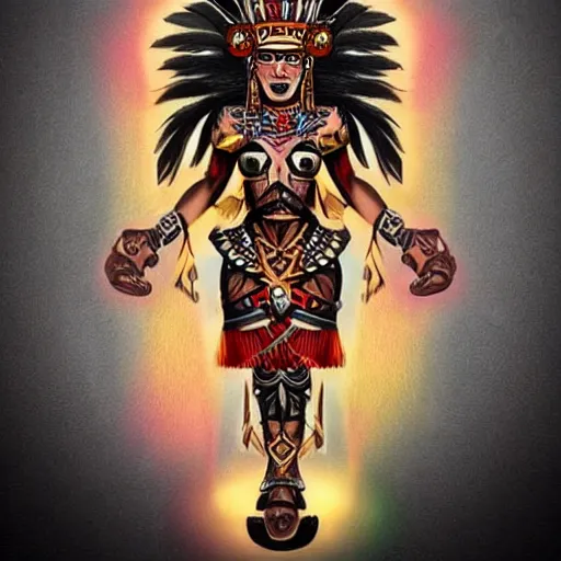 Prompt: character design, aztec warrior goddess with beautiful woman face, crown of very long feathers, full body, glowing aztec tattoos, beautiful, dark fantasy,