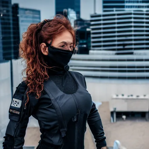 Image similar to photograph of a techwear woman, closeup, on the rooftop of a futuristic city, sigma 85mm f/1.4, 4k, depth of field, high resolution, 4k, 8k, hd, full color