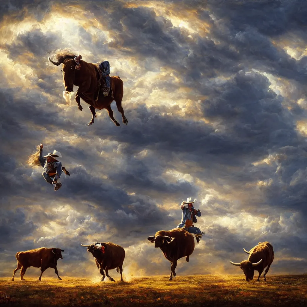 Image similar to Mark Magiori oil painting of a cowboy watching a bull get abducted by aliens, supercell cloud, extremely beautiful, amazing painting, HD, 8K, very detailed, photorealistic, hyperrealism