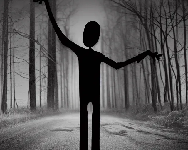 Prompt: scary elmo with long, slim, gangly arms, horror, slenderman, terror, night cam footage