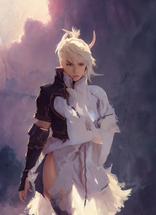 Image similar to concept art painting of a woman with brown skin and short white hair, demon horns, elf ears, full clothing, blue clothes, robes, detailed, cel shaded, in the style of ruan jia and artgerm and makoto shinkai and james gurney