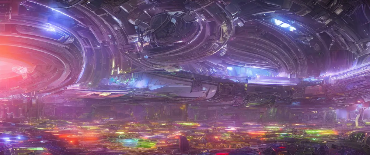 Image similar to a wide shot of a large distant hi-tech sci-fi Utopian spaceship, with a lot of bright color lights, bridges, turrets, pipes, orbiting a gas giant planet, beautiful, solarpunk, volumetric light, photography, color, intricate, extremely detailed, photorealistic, digital art, trending on artstation