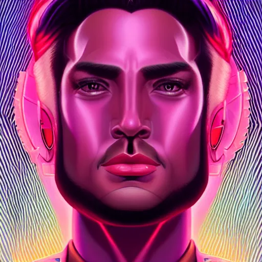 Image similar to a stunning glamor profile portrait of an art deco synthwave man, 80s nostalgia, by Evelyn De Morgan and Ross Tran, rossdraws