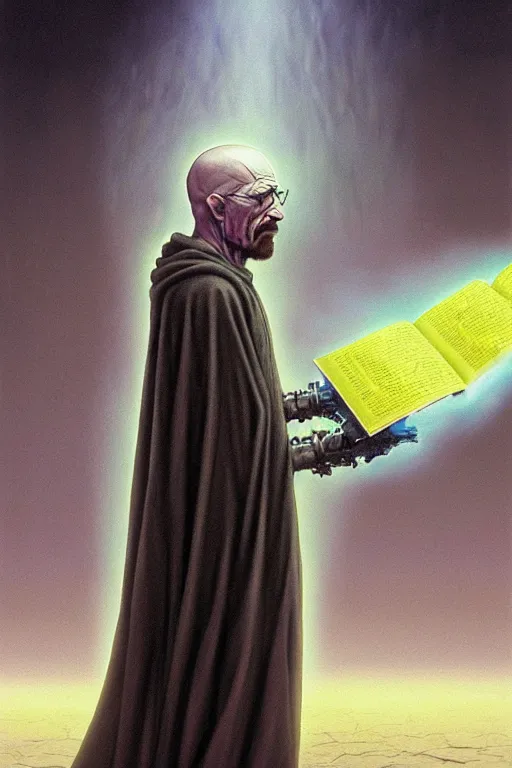 Image similar to painting of walter white as a cloaked tech priest holding a book, adeptus mechanicus!, cybernetic enhancements attached to his body, praise the omnissaiah, zdzislaw beksinski, lewis jones, mattias adolfsson, warhammer 4 0 k!!, cold hue's, warm tone gradient background, concept art, digital painting