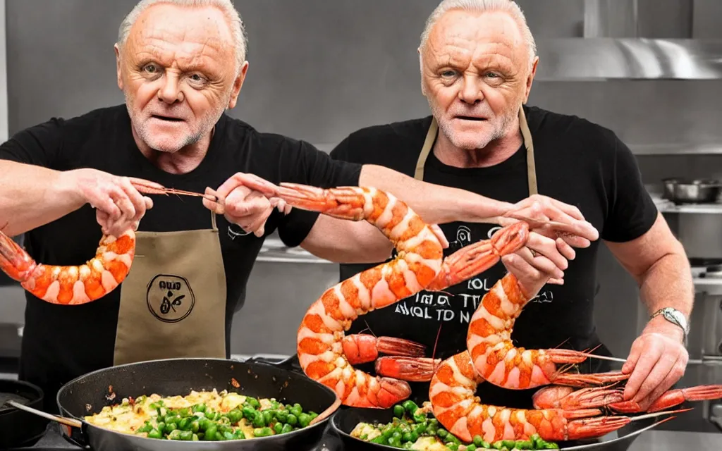 Prompt: anthony hopkins cooking king prawns in a large photo realistic pan