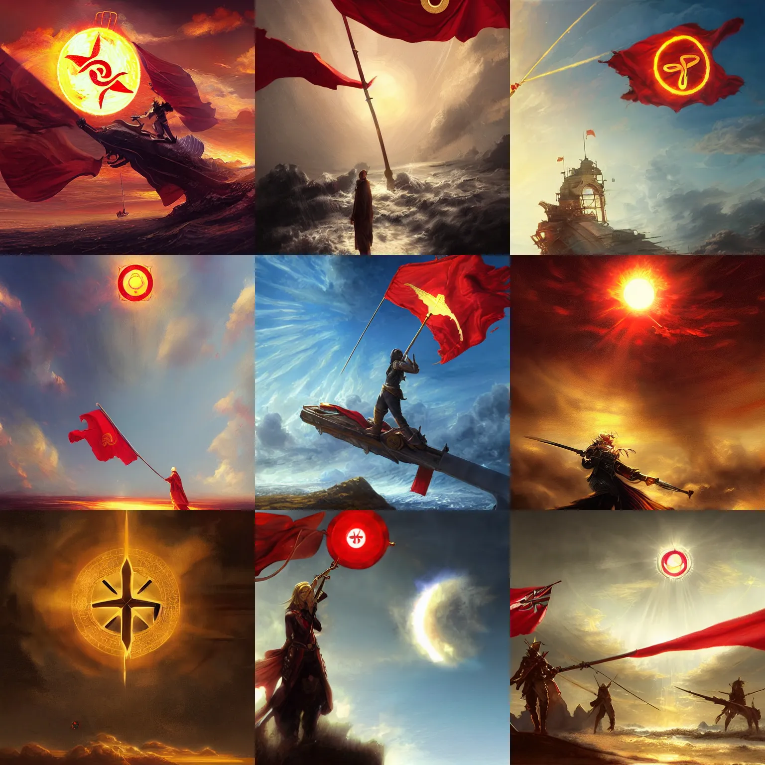 Prompt: red flag with golden sun symbol floating in sky, intricate, highly detailed, digital painting, concept art, sharp focus, illustration, aleksi briclot, rutkowski