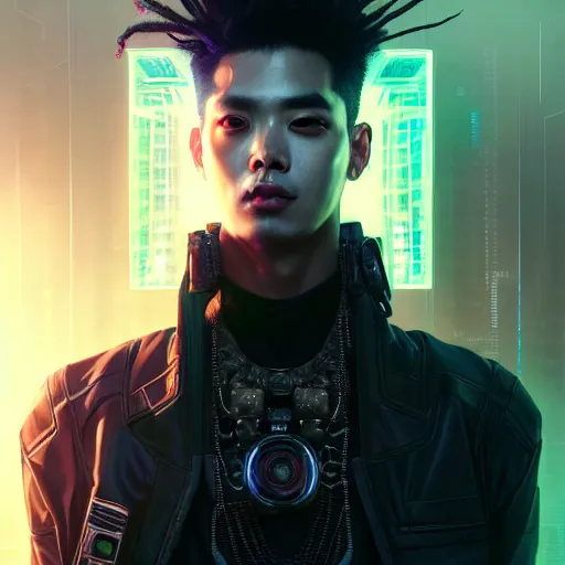 Image similar to portrait painting of a cyberpunk jackson wang, ultra realistic, concept art, intricate details, eerie, highly detailed, photorealistic, octane render, 8 k, unreal engine. art by artgerm and greg rutkowski and magali villeneuve and alphonse mucha