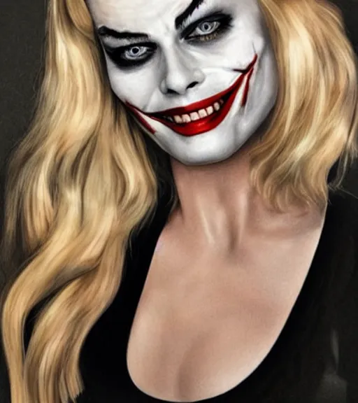 Prompt: margot robbie with joker makeup, pencil drawing, realistic face, beautiful eyes, smiling, hyper realistic, highly detailed