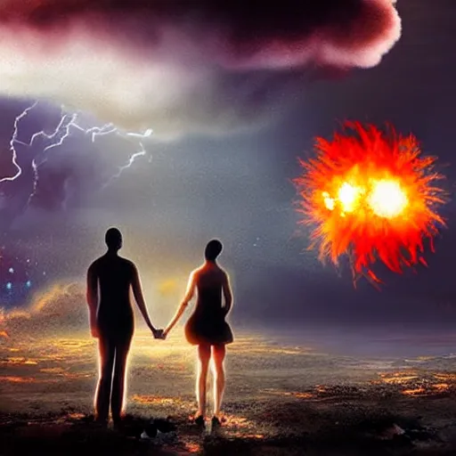 Image similar to a young couple watching a nuclear explosion, romantic, mushroom cloud, uplifting, happy, apocalytic detailed digital matte painting