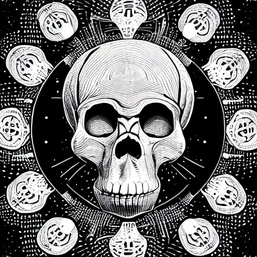 Image similar to a humanoid chimp skull hovering over a star pattern, 2 handguns are crossing in the middle of the picture ultra detailed, fine line pen drawing on parchment, symmetrical, stylish