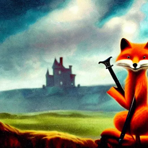 Image similar to anthropomorphic fox!! who is a medieval knight holding a sword towards a stormy thundercloud 1 9 3 0 s film still, castle in the background