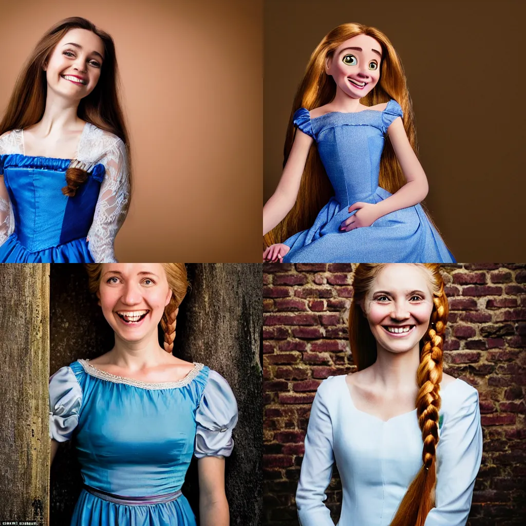 Prompt: portrait photo of rapunzel, smiling , wearing a modern dress, high detail, studio, sharp, in the style of Steve McCurry